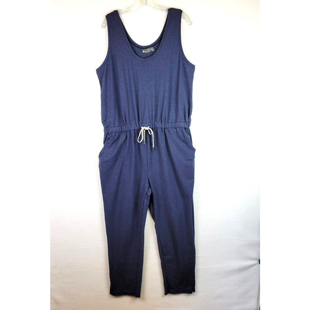 Zella Womens Gwen Tank Crop Jumpsuit Size Large Blue Pull On Drawstring Pockets